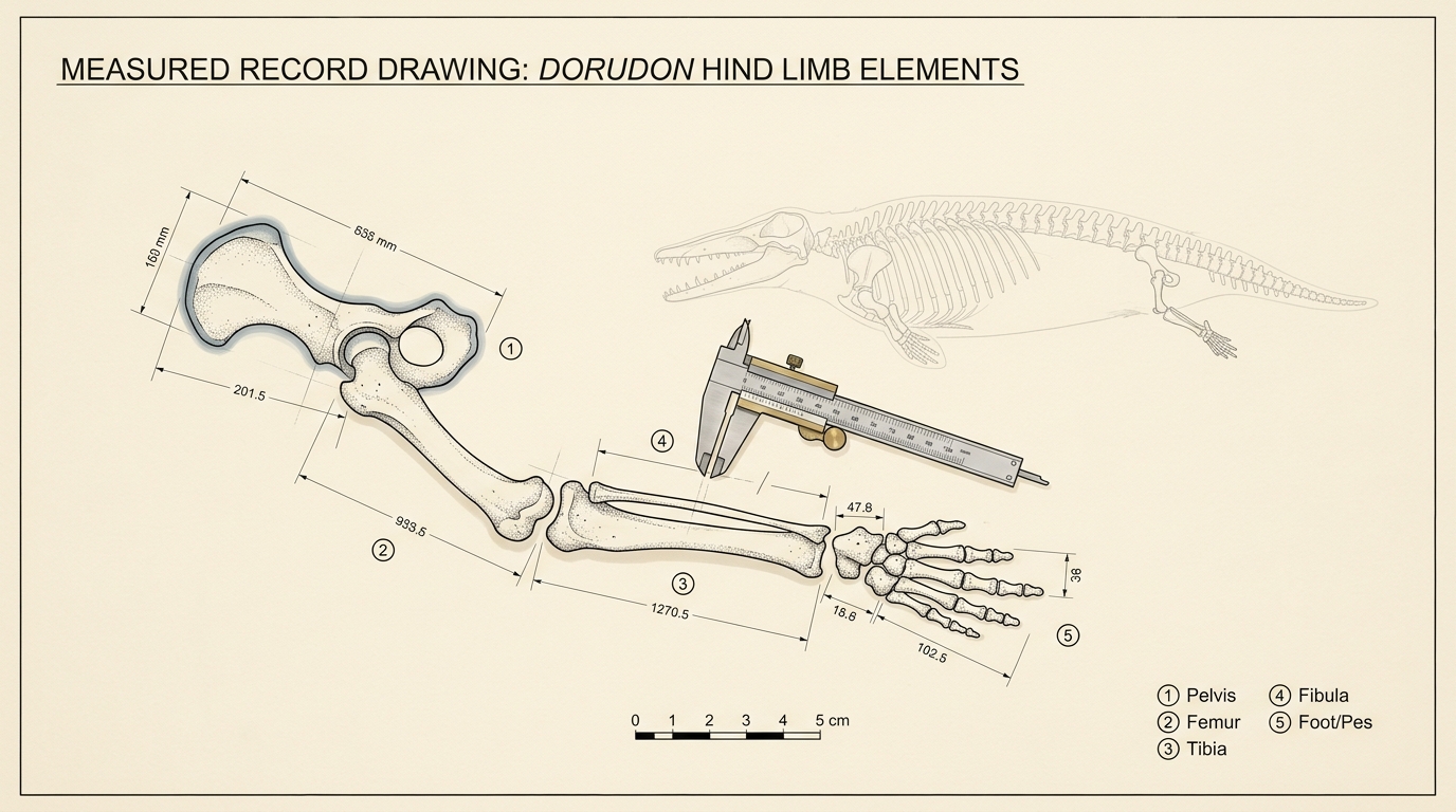 A measured record drawing of the small, disconnected pelvis, femur, tibia and foot bones of the fossil whale Dorudon, laid out and dimensioned beside a faint full-body outline showing where they sit within its five-metre skeleton