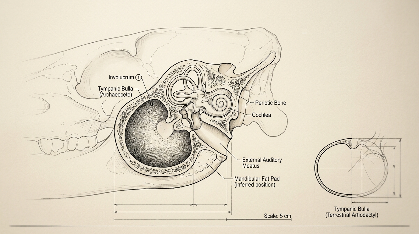 A sectioned assembly of an archaeocete whale's ear region, cut through the tympanic bulla to expose the thickened involucrum in cross-section, with a small unsectioned terrestrial artiodactyl ear bone inset for comparison