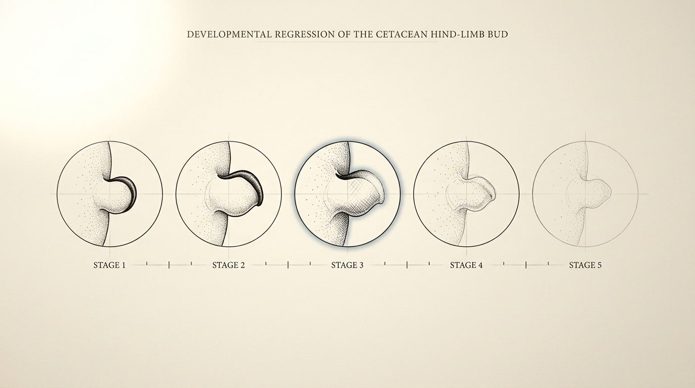 A sequence plate of five embryonic stages of a dolphin hind-limb bud drawn in a row, from initial outgrowth through the moment its ridge begins to fade to final regression