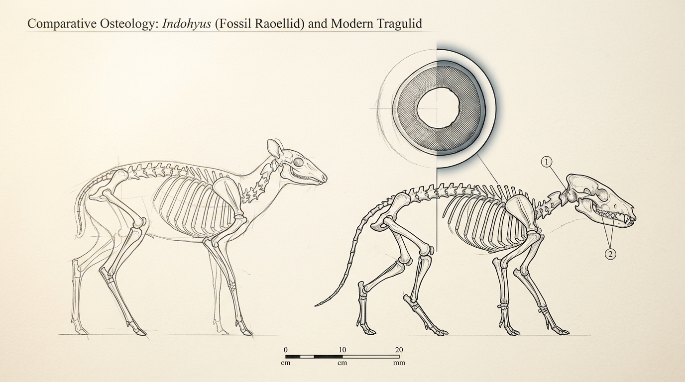 A comparative plate of the raccoon-sized fossil Indohyus beside a modern small artiodactyl, drawn to one scale, with a sectioned inset of an unusually thick, dense limb-bone cross-section