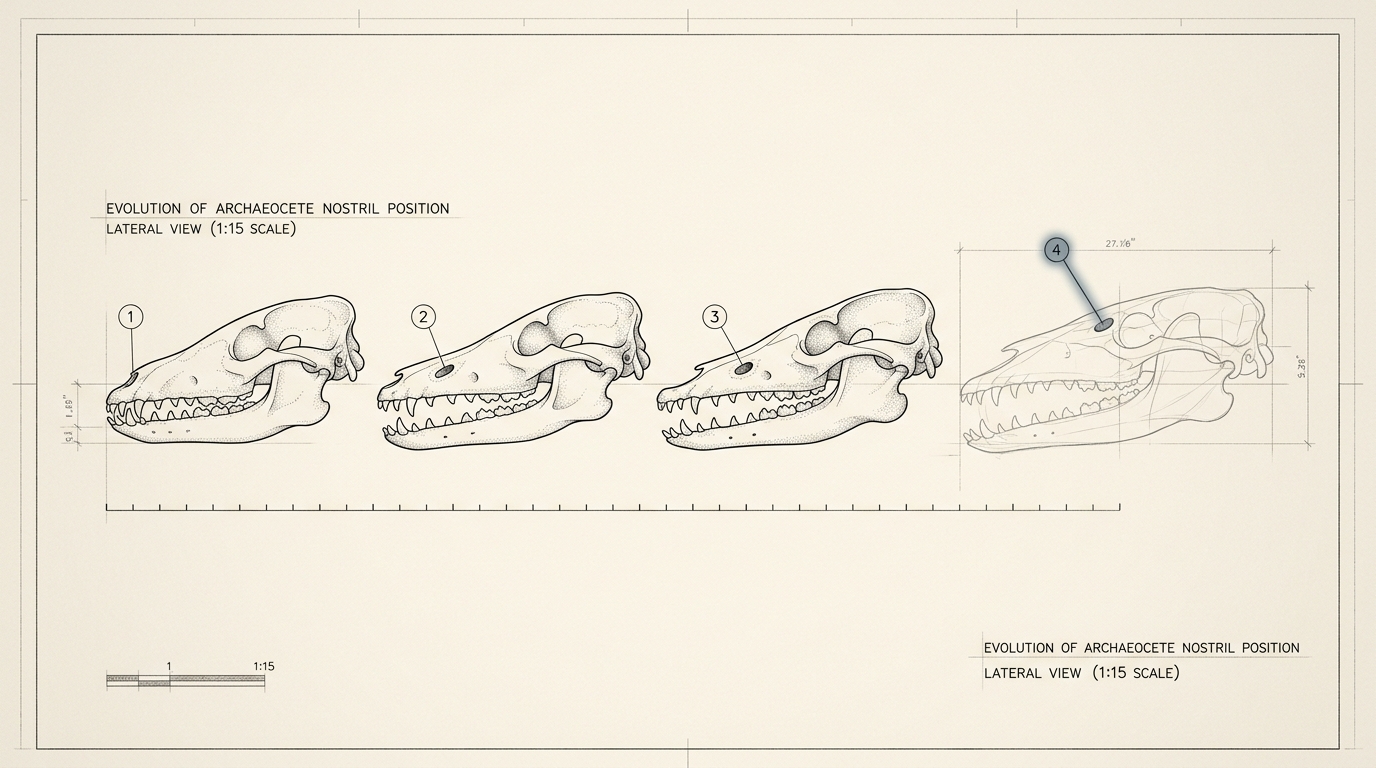 A sequence plate of four archaeocete skulls in lateral view drawn in a row, each dimensioned to show the external nostril migrating from the tip of the snout toward the top of the skull across the series