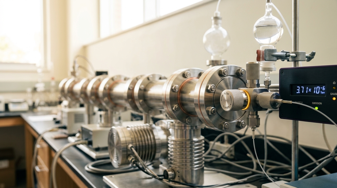 A benchtop mass spectrometer with its heated capillary inlet and turbomolecular pump, the inlet needle valve caught part-open as the first sample gas is admitted