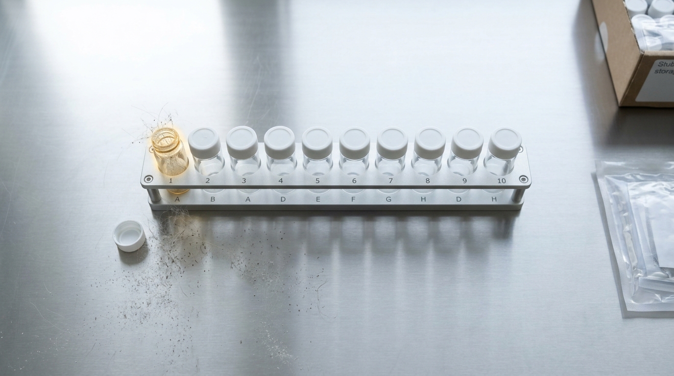 A rack of contamination-control blanks seen from directly overhead, one vial's cap tipped part off and a fine pale drift already settling into the open mouth