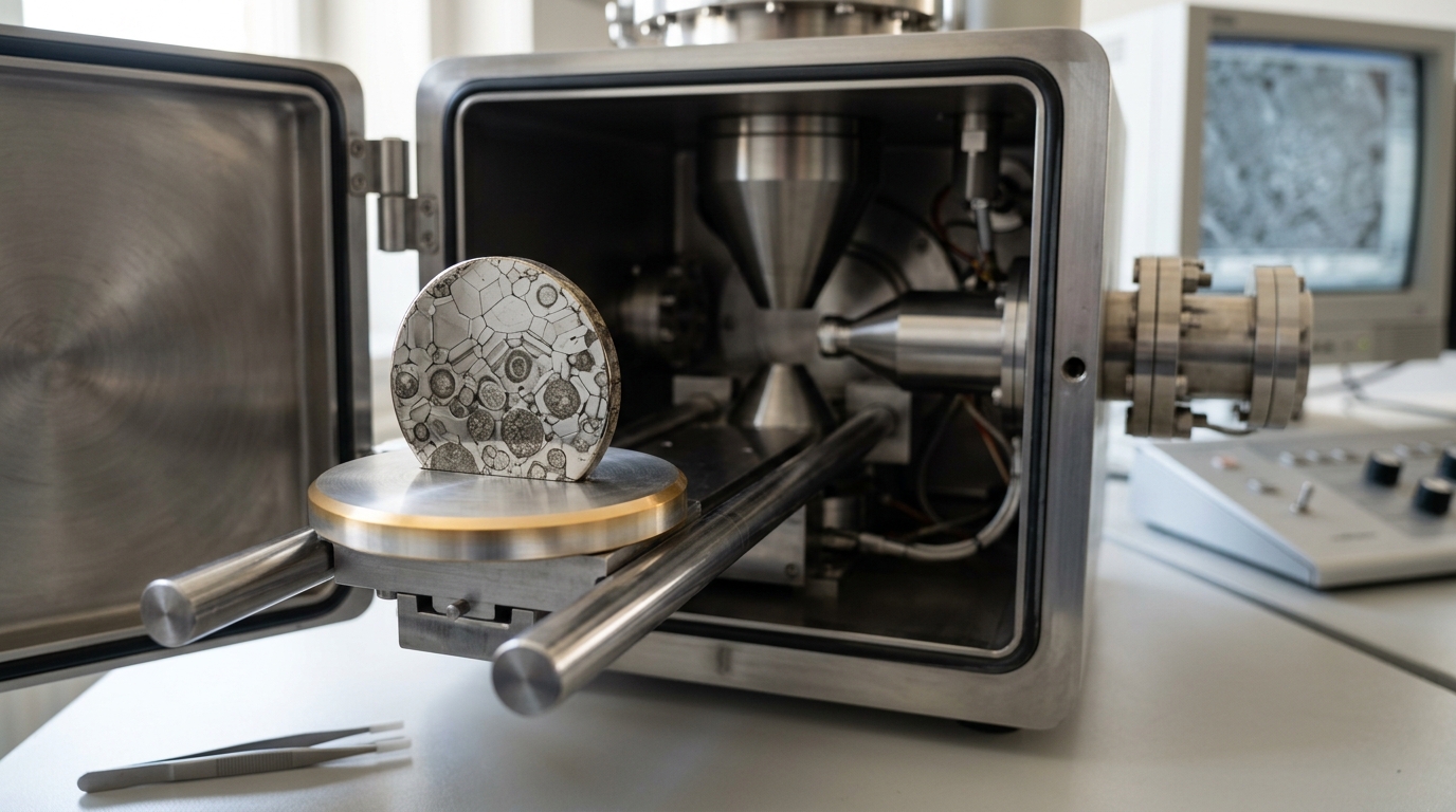 A close low view into an open electron microscope chamber, a polished rock section on an aluminium stub riding out on the specimen stage, still under the pole piece