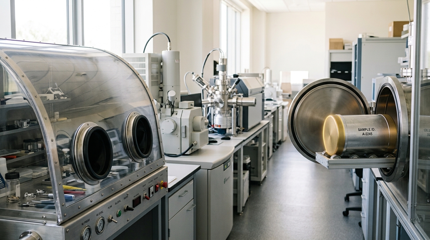 A bright planetary-sample laboratory seen along its length, a sealed sample container caught half-way through the transfer port of a nitrogen glovebox, with an electron microscope column and a mass spectrometer standing at the benches beyond