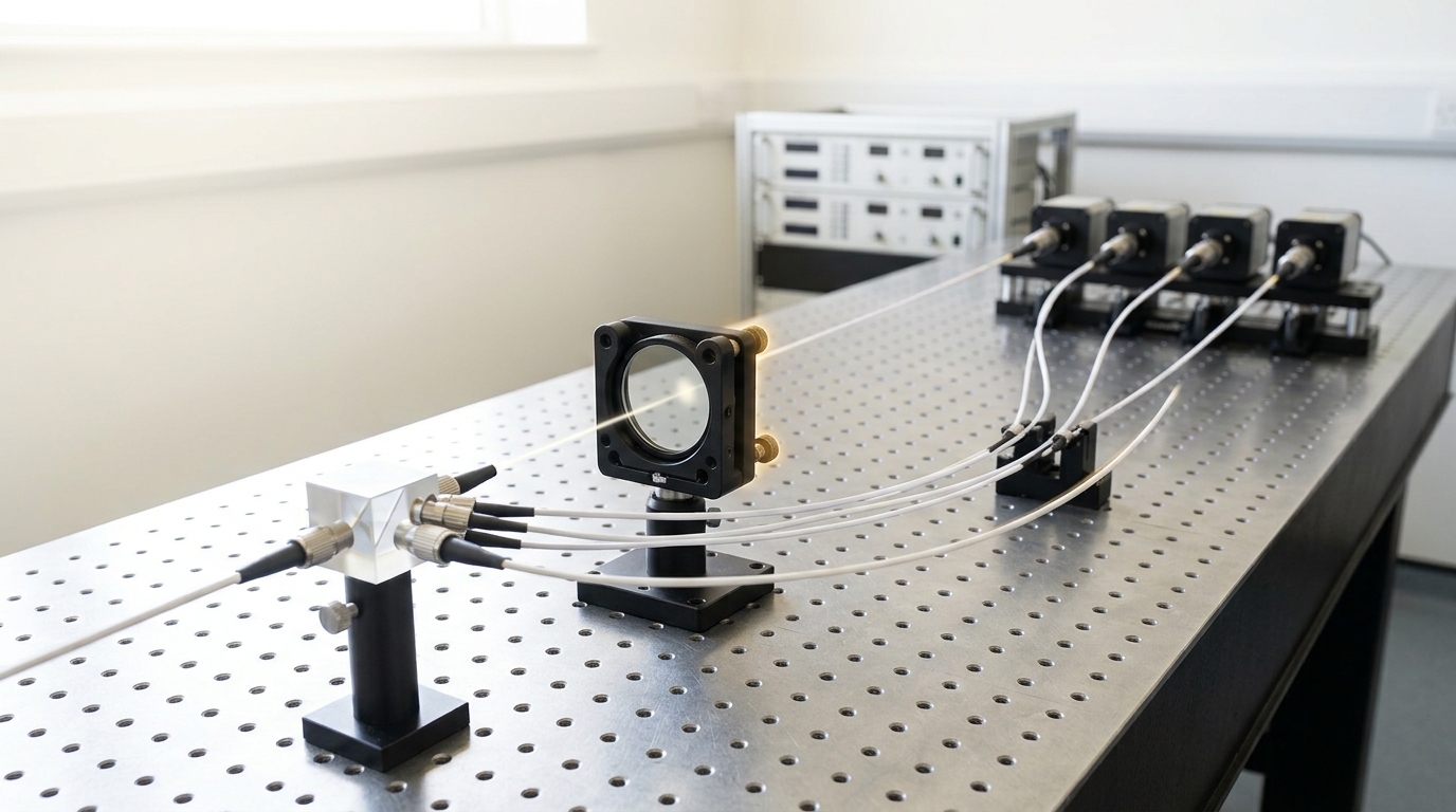 A spectrograph bench for transit spectra where one beam is divided at a splitter cube into four fibre channels, with a fold mirror caught part-way through adjustment on its kinematic mount