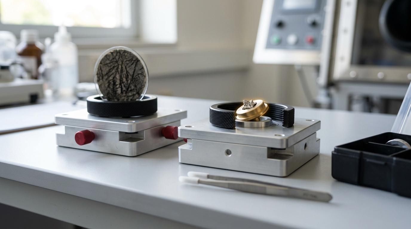 Two matched inspection stages side by side under the same lamp, one holding a rock section with a suspicious mineral texture, the other an abiotic control specimen still half-seated in its holder
