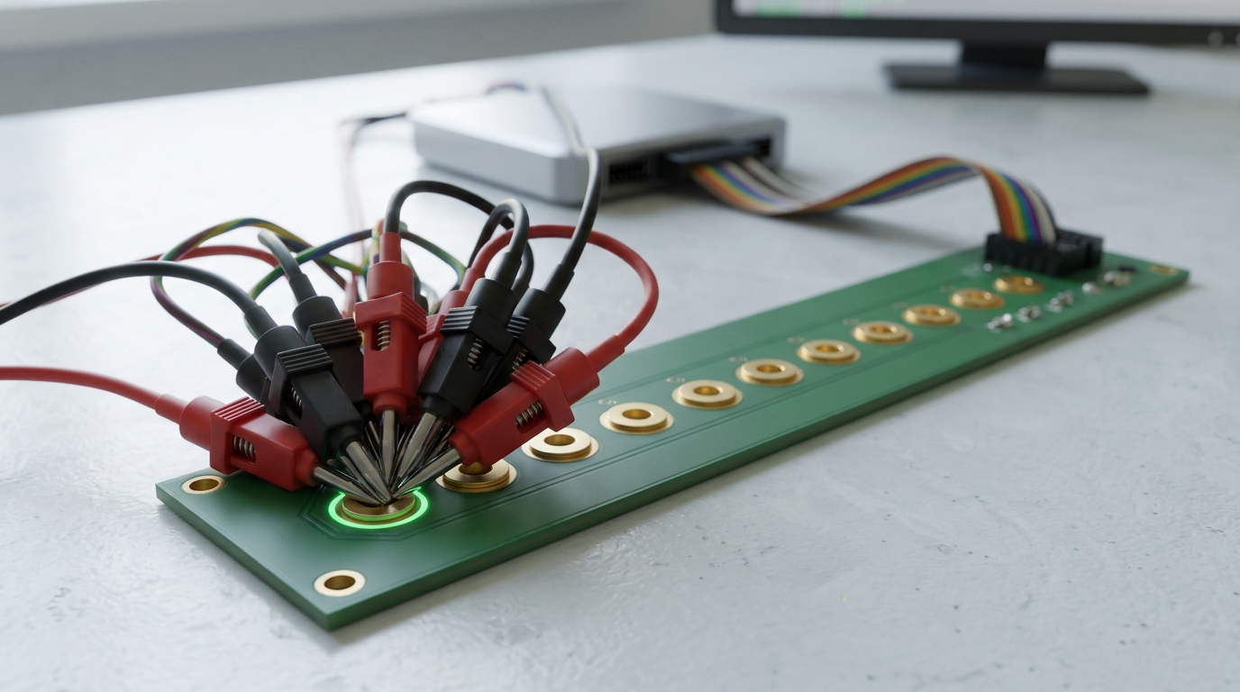 A row of test points on a carrier board where one point carries three logic-analyser clip leads at once while its neighbours carry one each, a fourth lead still in mid-approach