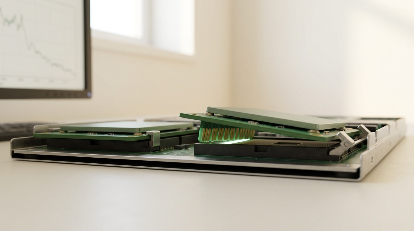 A mezzanine card lifted a couple of millimetres clear of its socket on an accelerator node, its latch swung open and a second identical board left untouched alongside as a control