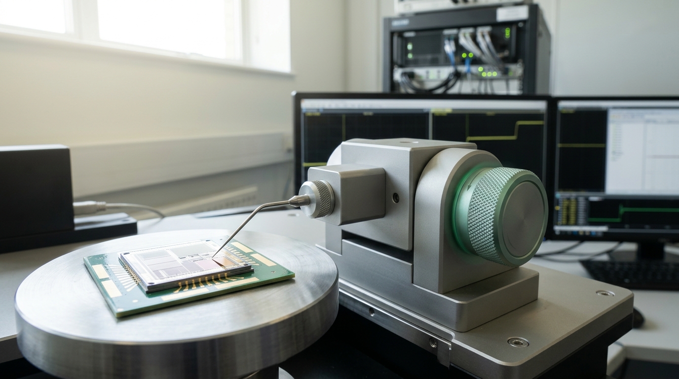A knurled fine-adjust knob on a probe-station micropositioner caught part-way through a turn, the tungsten needle it drives still settling against a pad while a trace on the screen behind has already moved