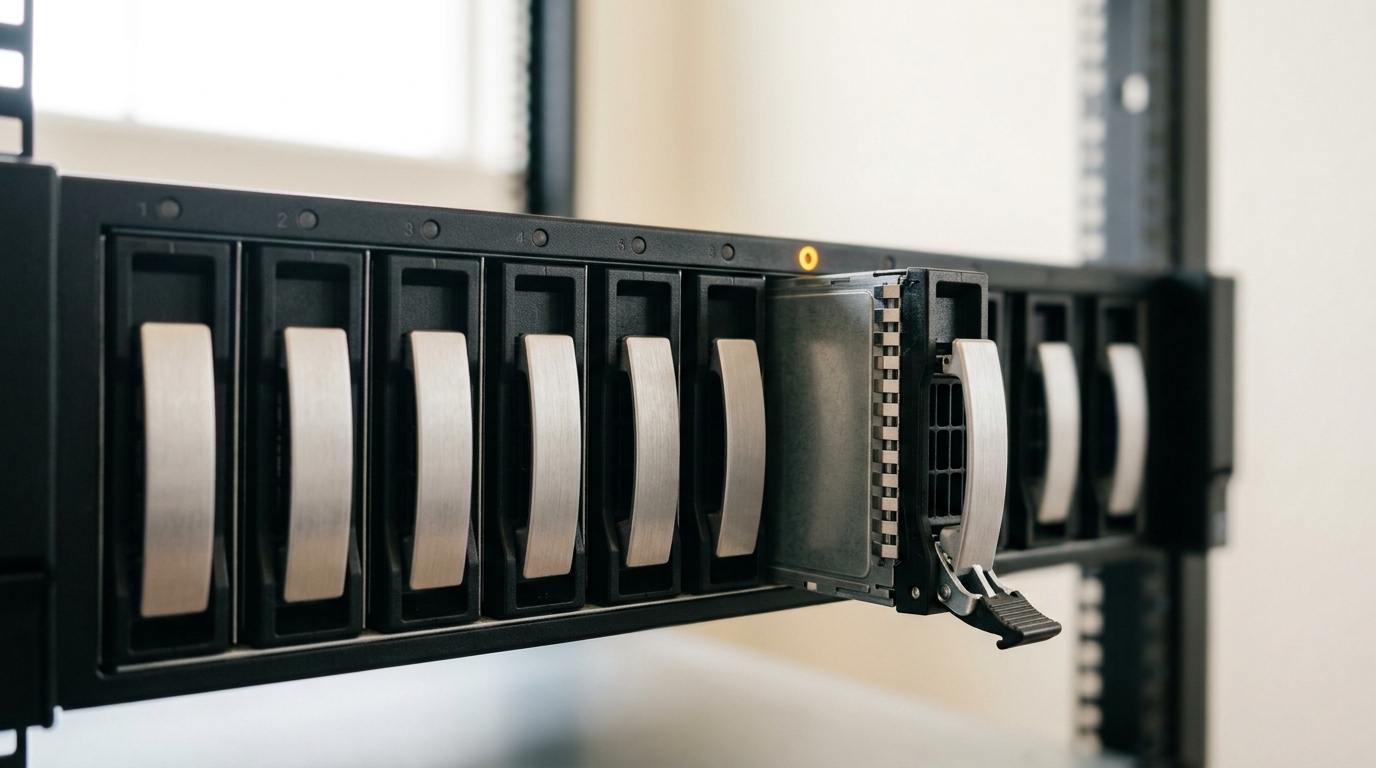 A rack-mounted audit-log recorder with a row of drive caddies, one caddy caught part-way into its bay beneath a lit write indicator