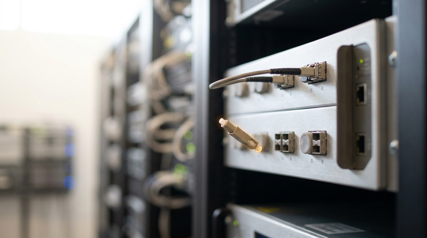 A bulkhead patch panel with a connector lifted clear of an old unmonitored port, being moved toward a new port that routes through the policy-enforcement gateway