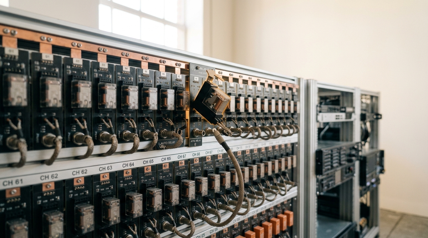 A rack-mounted event-relay panel with rows of channel relays, one armature caught mid-throw and its patch lead not yet seated in its bulkhead port
