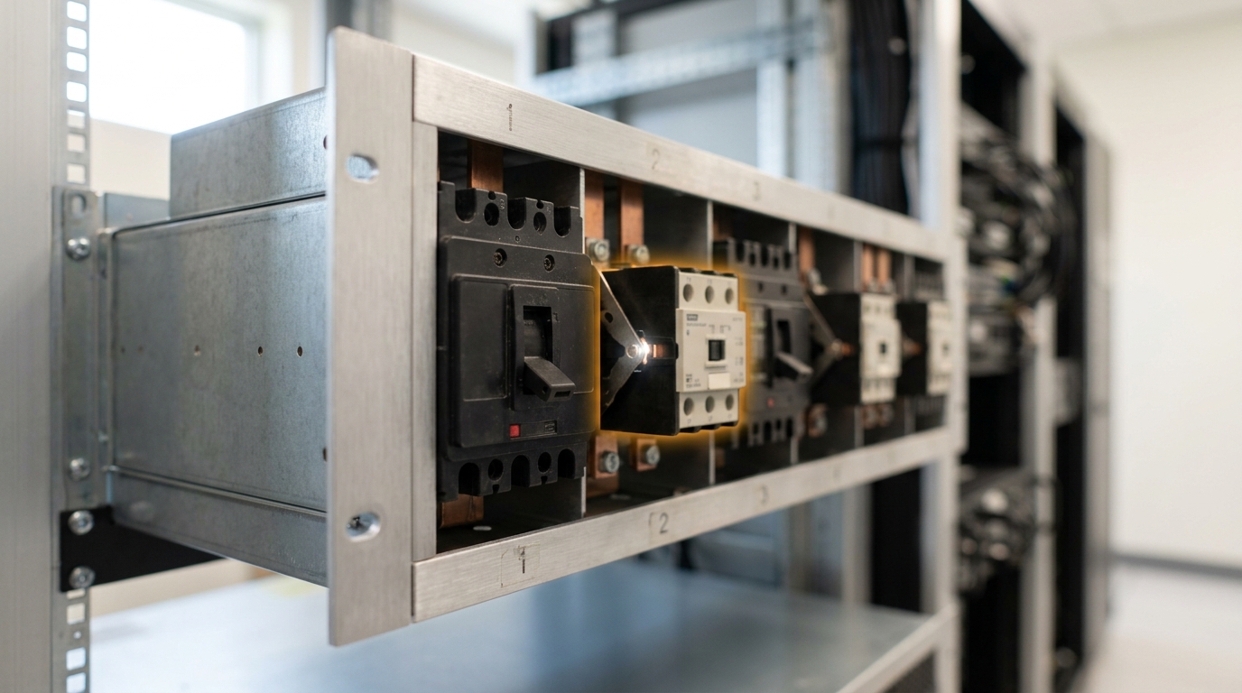 A rack power-sequencing unit with relay contactors bringing positions online in order, the second contactor caught closing while the breaker meant to gate the first position still sits open