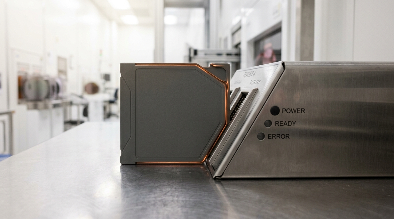 A design-file handoff station in a bright fab where a data cartridge from an outside customer is caught mid-insertion into a reader, the slot still a fraction open around it
