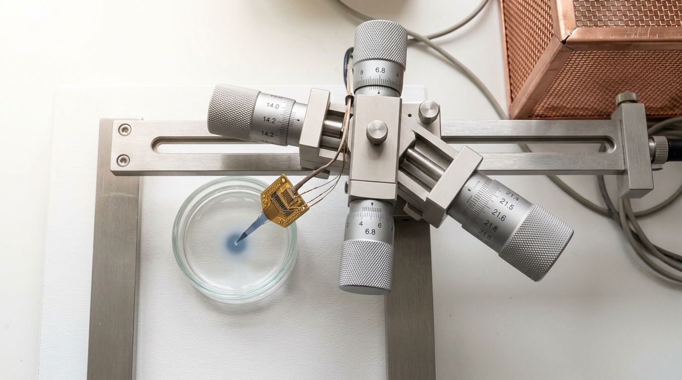A stereotaxic frame and micromanipulator seen from directly overhead, its three axis dials standing at plainly unequal settings with one still part-turned, the probe tip resting over a single point on the chamber