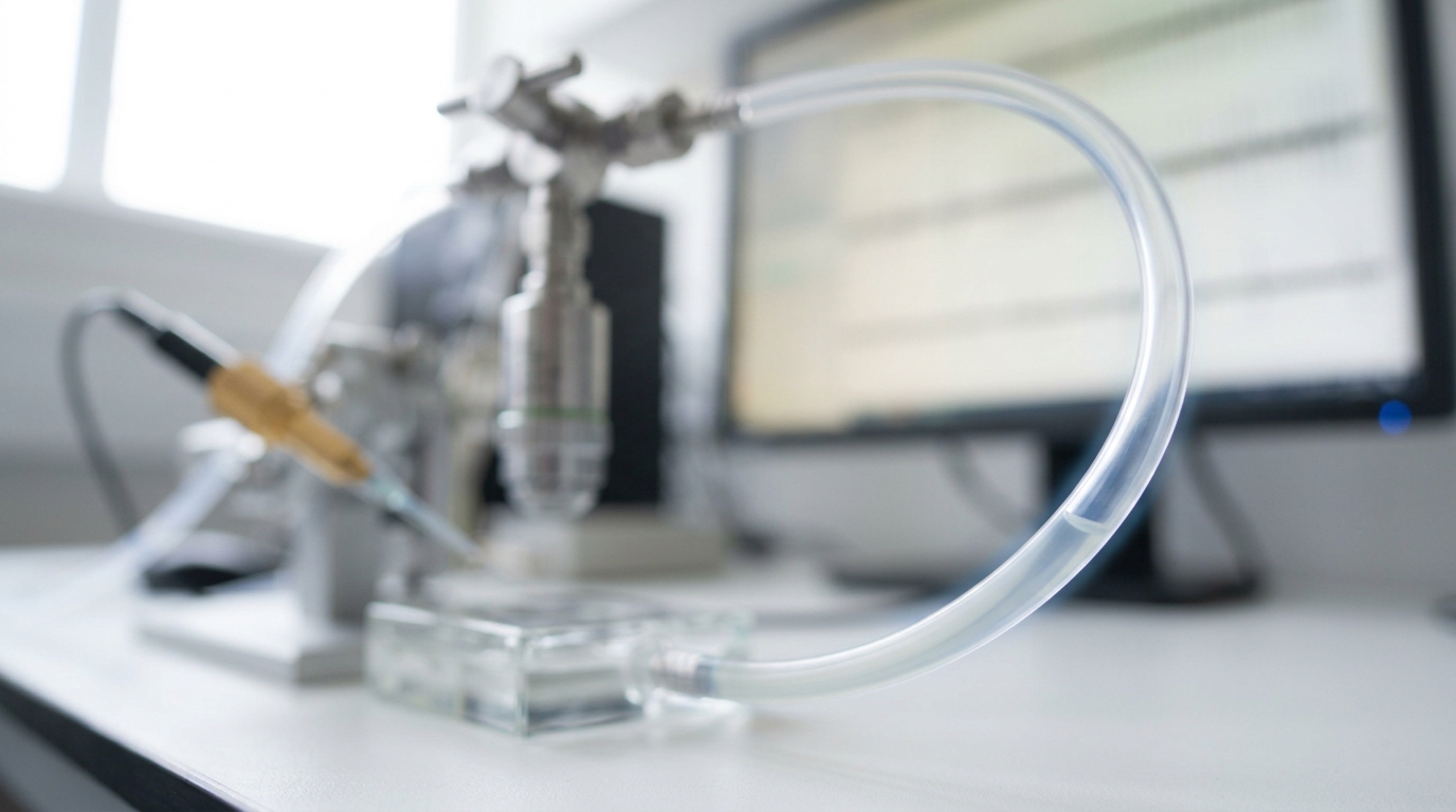 A pale fluid front still travelling down a coiled PTFE perfusion line toward the glass recording chamber under a microscope, while the valve that released it upstream has already closed