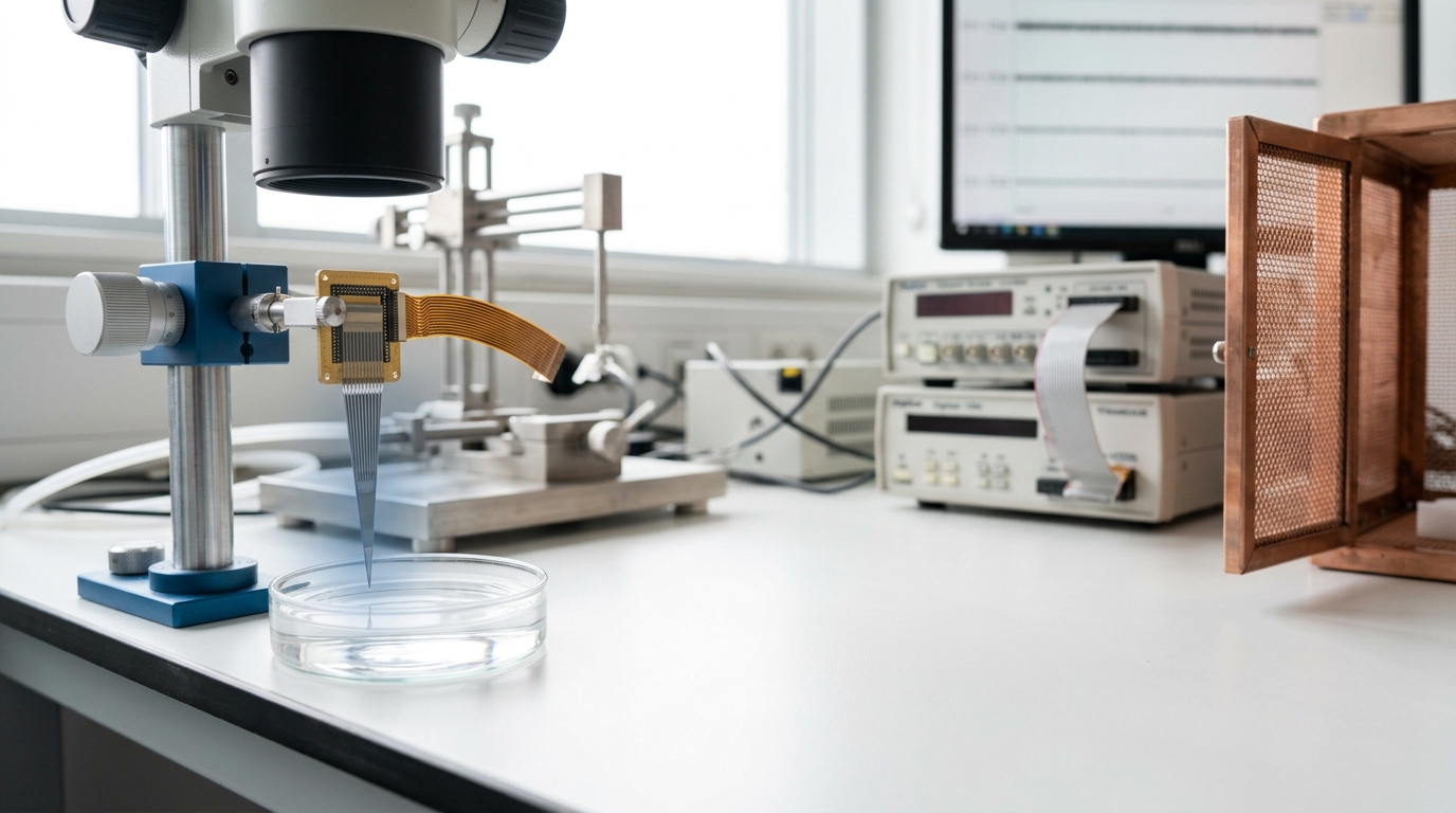 A high-density silicon recording probe on its gold-plated headstage, held in an anodised micromanipulator and stopped just above the saline surface of a glass-bottomed recording chamber on a bright electrophysiology rig