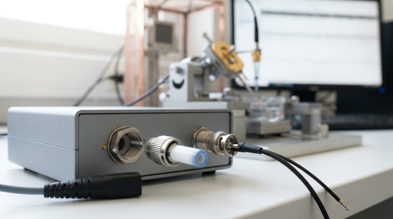 A ceramic fibre-optic ferrule part-way into its mating sleeve on a stimulus box, its alignment key still short of the slot, with the recording probe and its trace monitor beyond still undisturbed