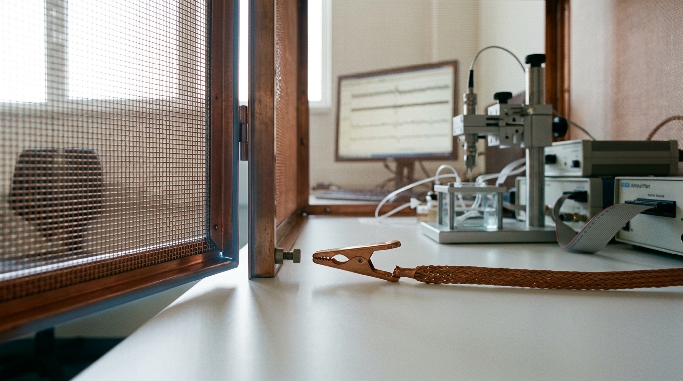 A copper-mesh Faraday cage standing part-open with its sealing lip unmet, a braided copper grounding strap whose clip has not yet reached the grounding post, and the recording rig visible through the open panel