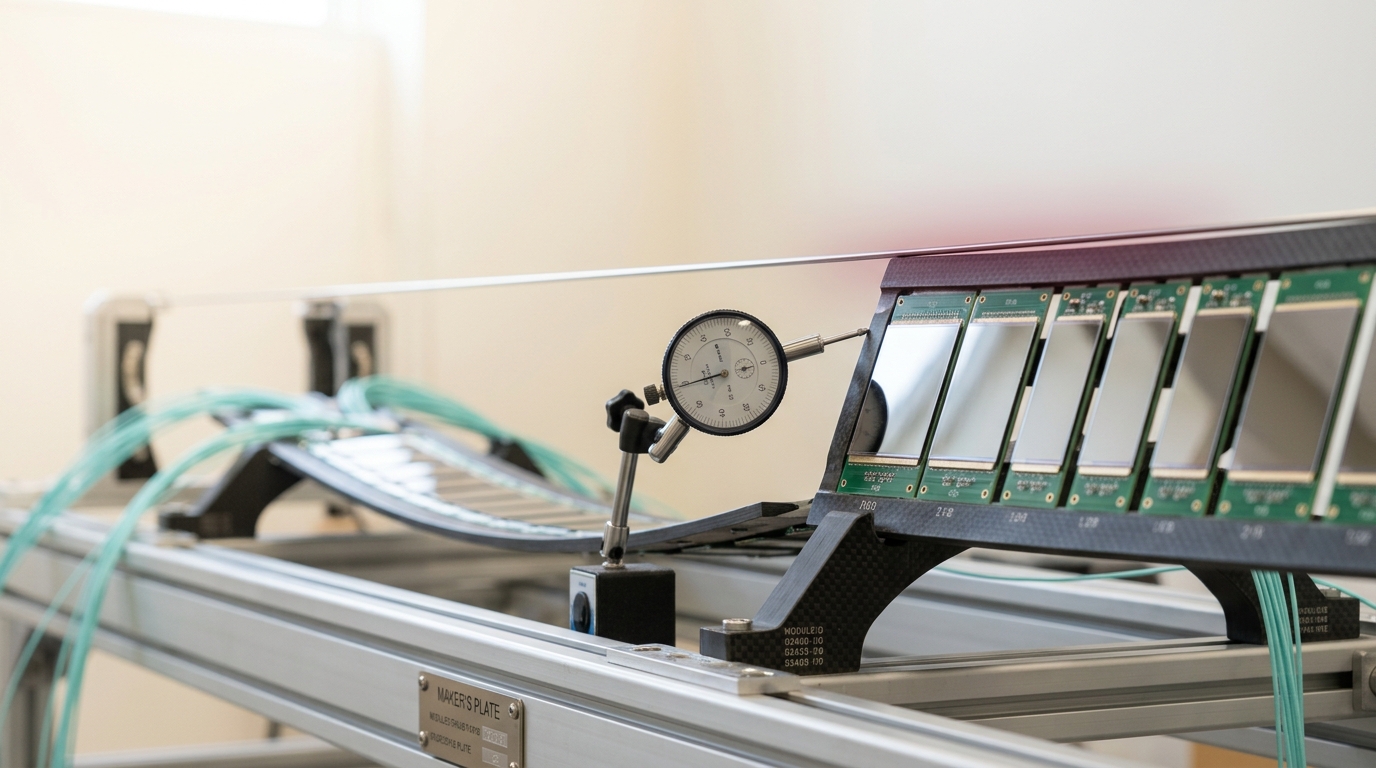 A silicon tracker barrel layer on its assembly frame with a taut stainless survey wire stretched straight across the arc as a chord, one ladder bowed wide of the wire and an outer one running almost against it
