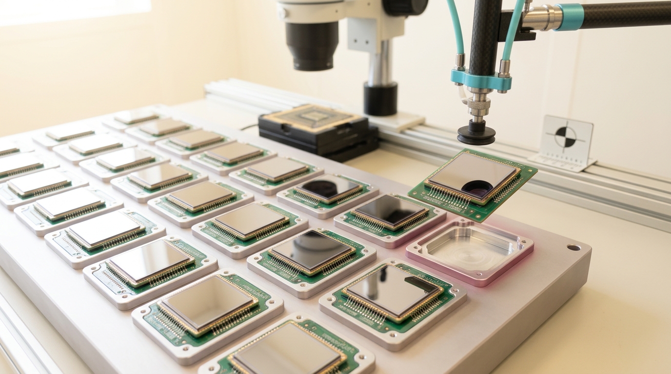 A machined inspection jig of identical module nests on a cleanroom bench seen from above, most nests holding a seated silicon module, one visibly larger module hovering tilted above its empty nest