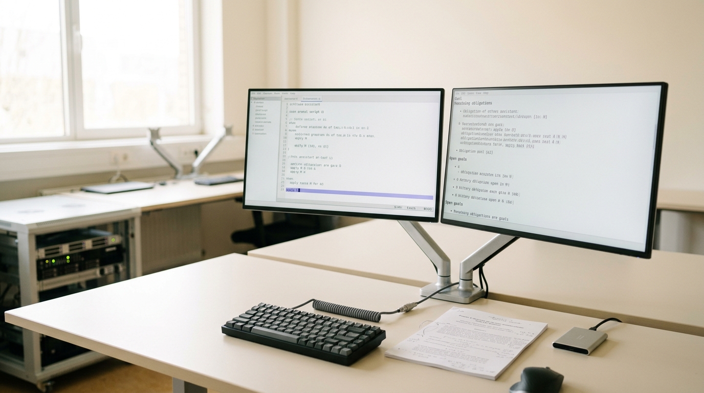 A formalisation workstation in bright daylight, two matte monitors angled together, the left holding an unfinished proof script that stops mid-file and the right a goal panel still listing open obligations, with a mechanical keyboard and a marked-up printed preprint on the desk
