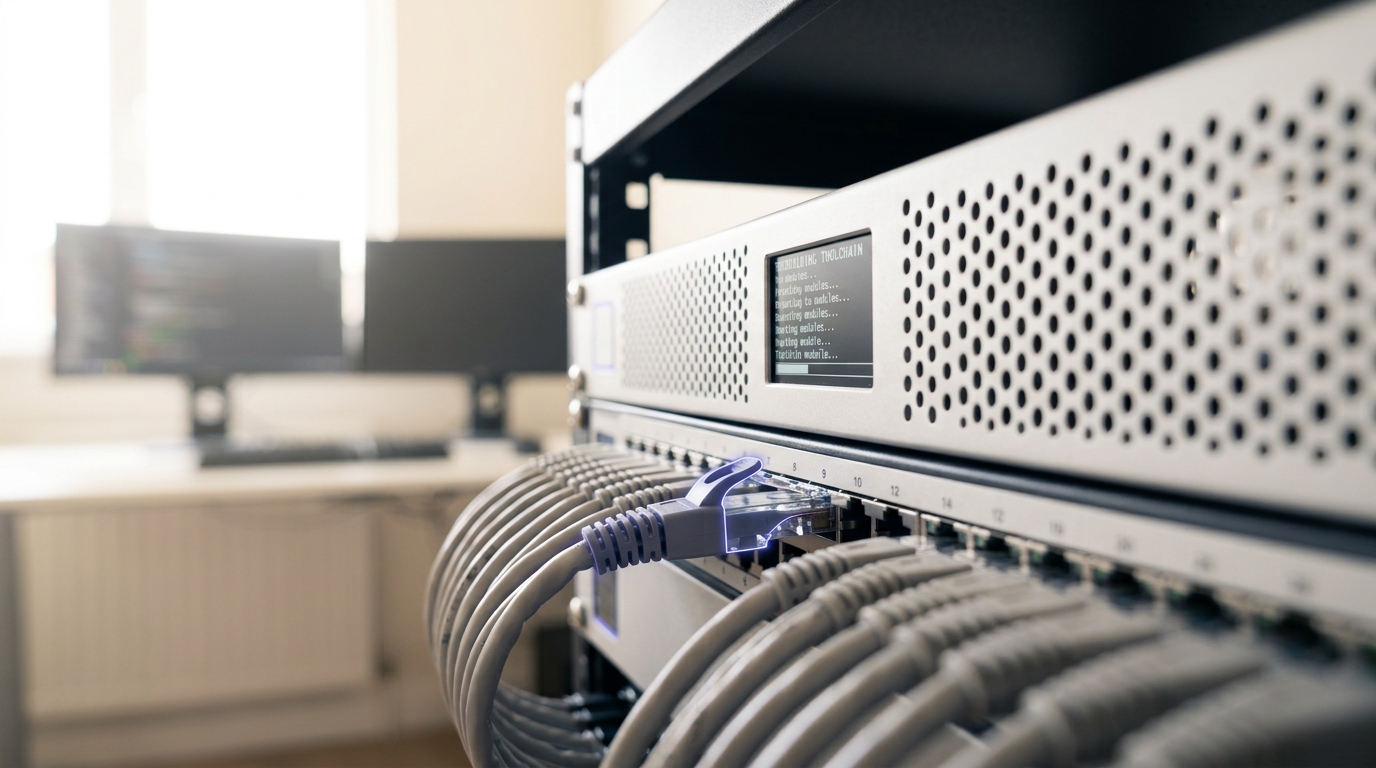 The rear of a short open rack of build nodes in a bright room, one twisted-pair patch cable caught half-seated in its switch port with the latch tab still standing clear, and a small status screen on the node above showing a toolchain rebuild part-way through the library