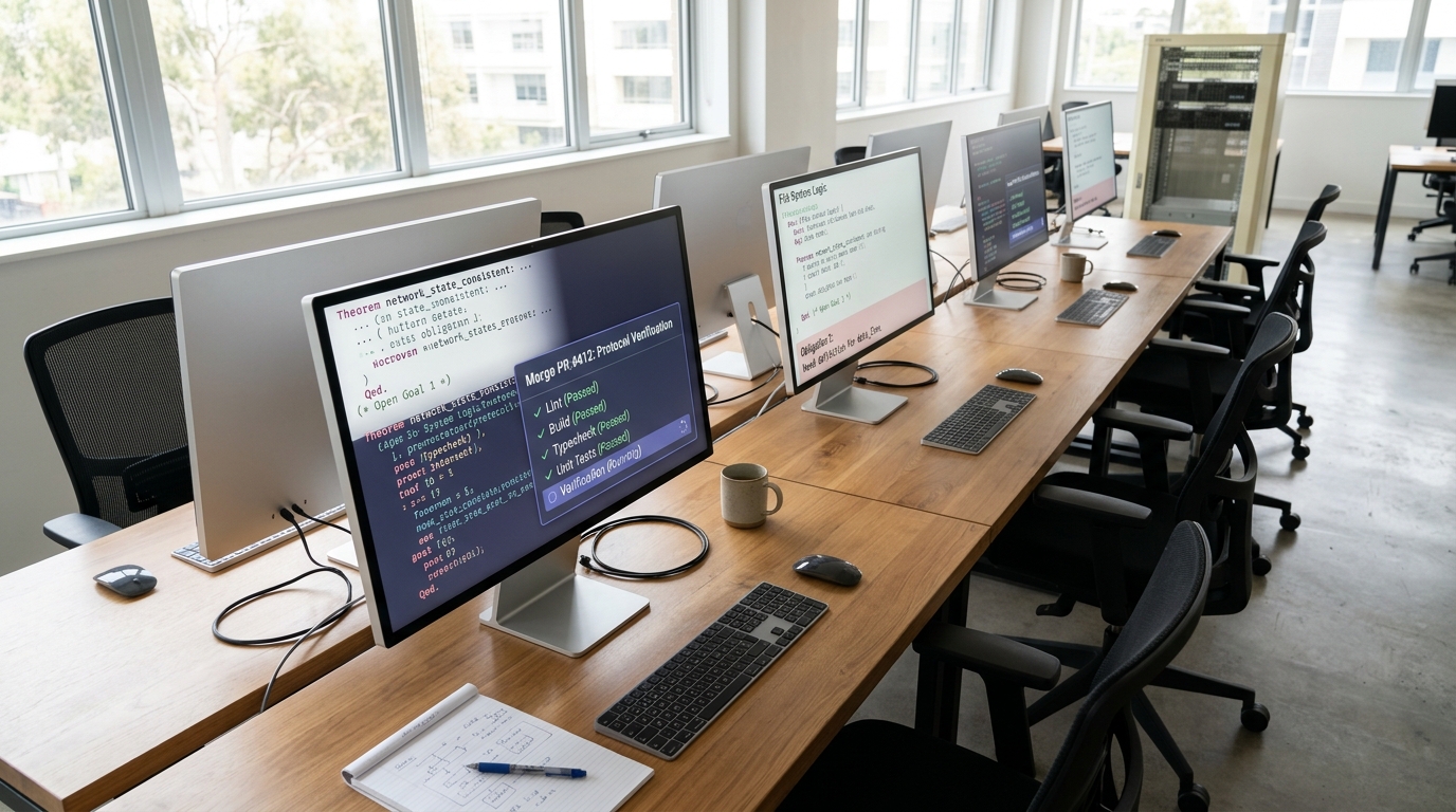 A long shared bench of identical workstations along a bright window, each screen holding a different open segment of one formalisation, and the nearest showing a merge with its last check still running and one segment's proof still ending in an open obligation