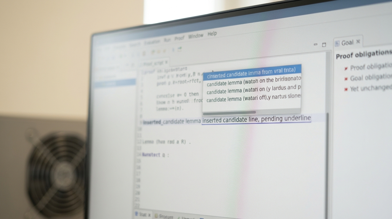 A macro view of a monitor's matte surface where a retrieval tool's list of candidate lemmas hangs open over an unfinished proof, the top candidate already dropped into the file and its line still carrying the checker's pending underline