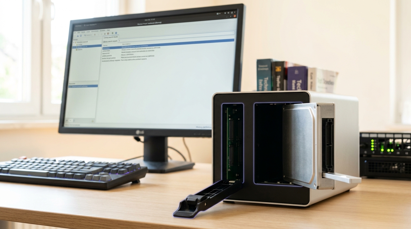 A two-bay external drive enclosure on a desk holding the formalised library, one drive carrier half-inserted and the second bay standing empty with its latch open, and behind it a screen showing a library search whose results list stops short of what was wanted