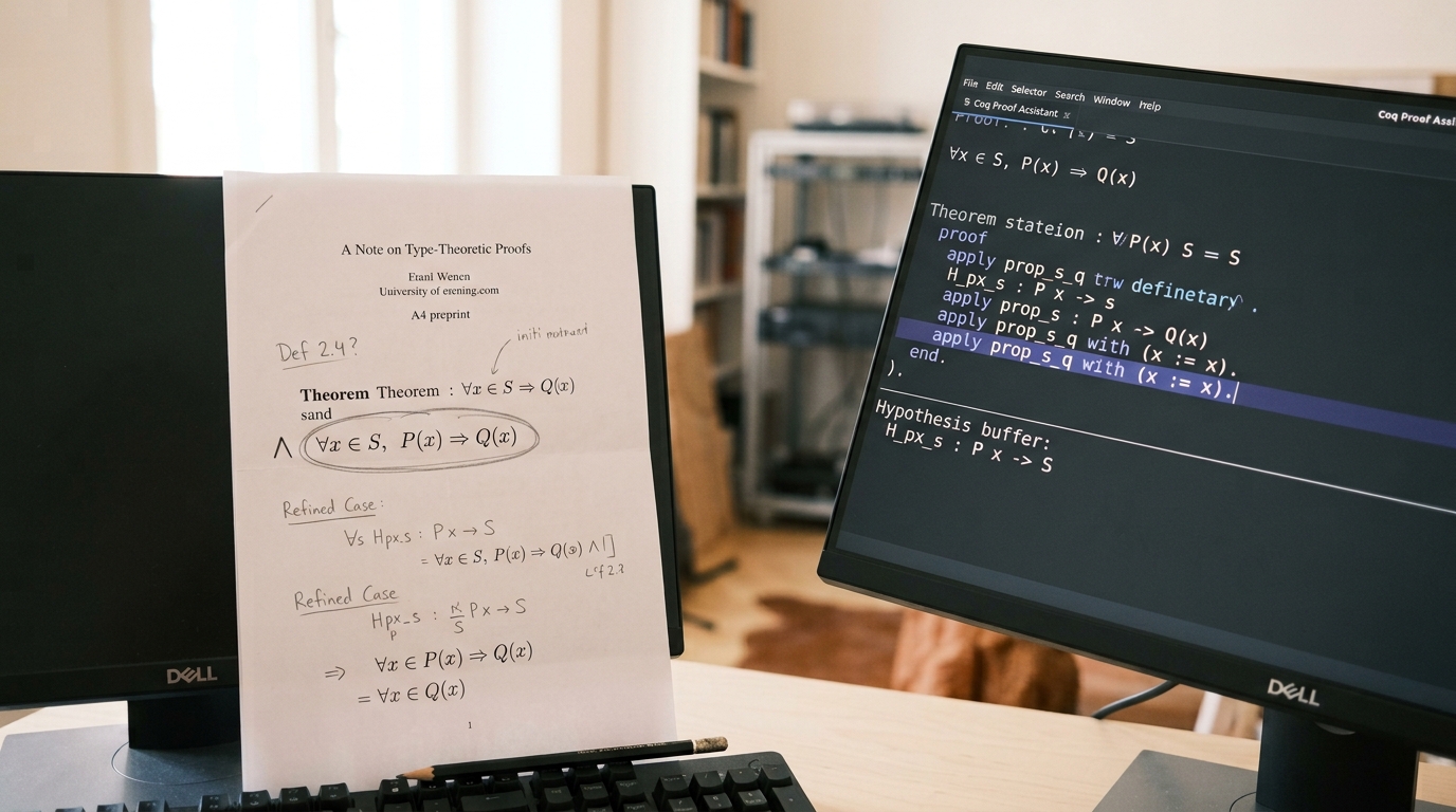 A printed preprint propped against a monitor bezel with one clause of its informal theorem statement ringed in pencil, beside a second screen holding the formal version of the same statement with one highlighted line that has no counterpart marked on the paper