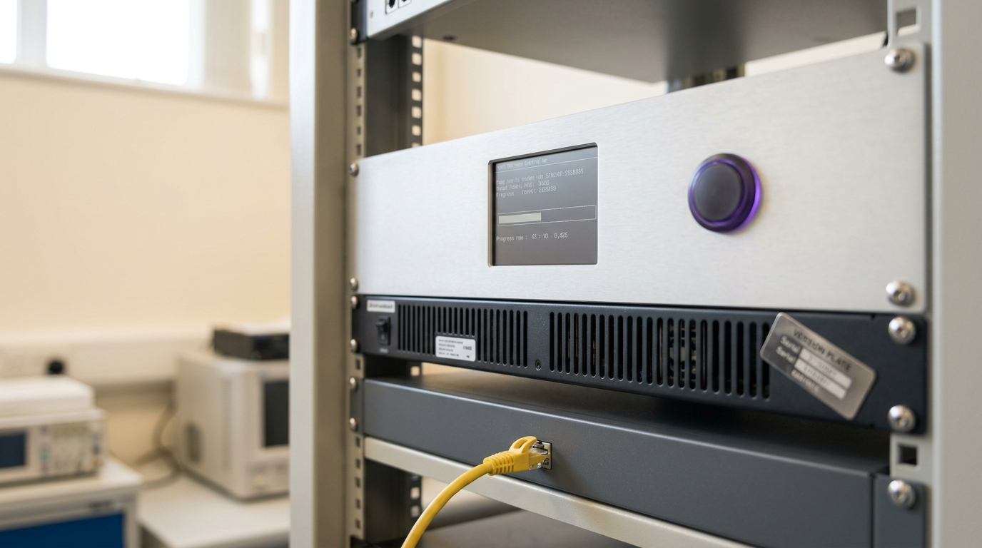 A test harness controller in an open rack running a fixed benchmark against a system under test, its verdict lamp still dark and the progress row on its small screen only part-way across, with a second lead half seated in the offline reference unit