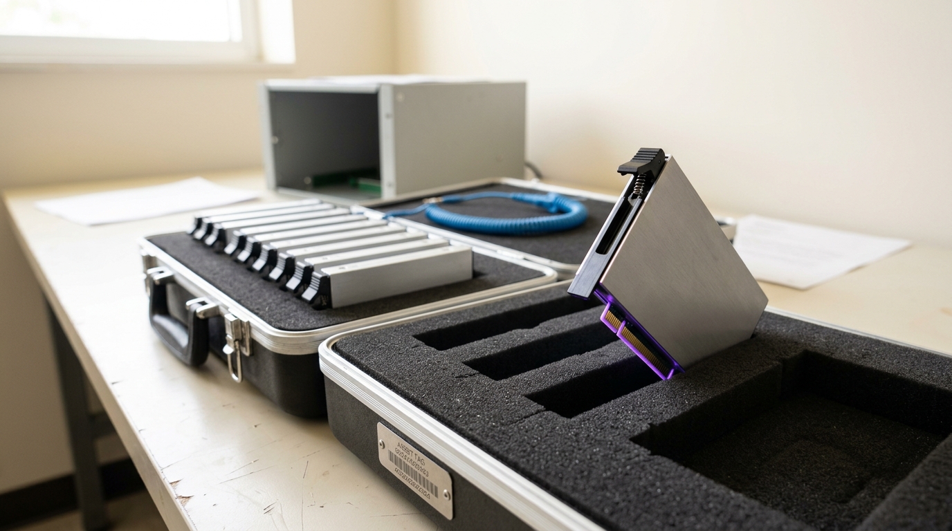 A foam-lined shielded carry case open on a pale bench in an assessment lab, one anodised drive carrier holding a reference model lifted part-way out and tilted on the lip of its empty recess, an offline read station with its bay open beyond