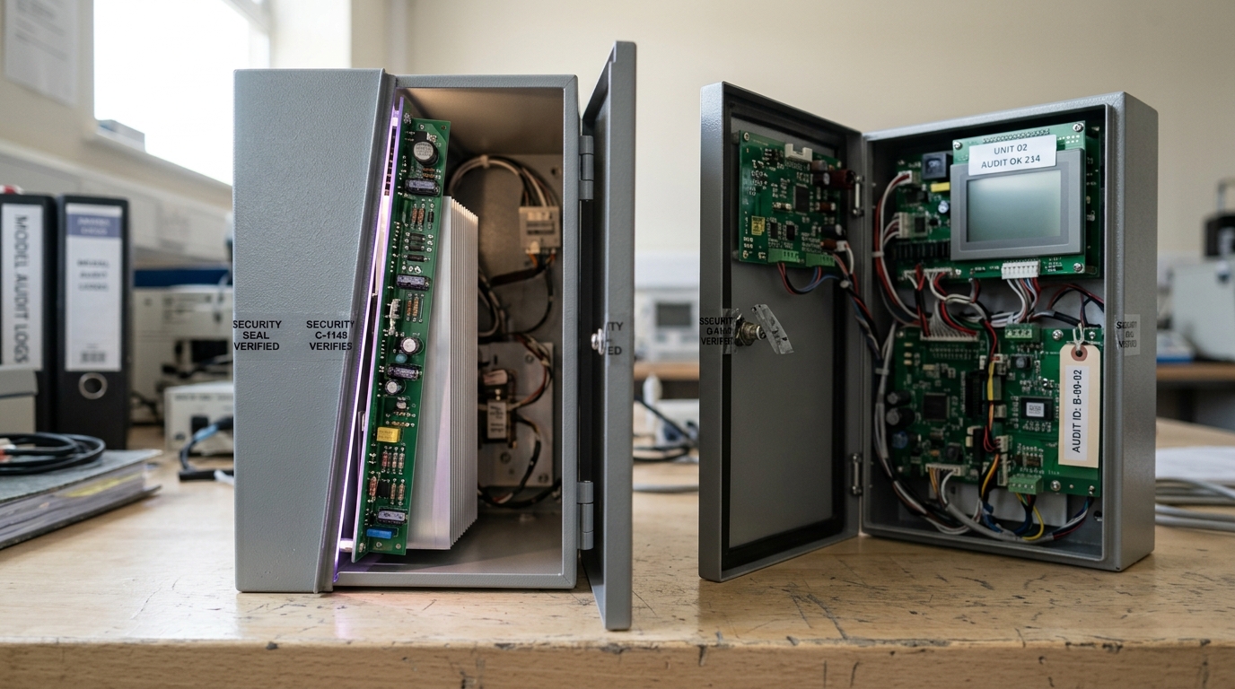 The service panel of a supplied model appliance unlatched and lifted a finger's width on the bench, a first sliver of daylight reaching one row of boards inside, with an identical unit standing fully open beside it
