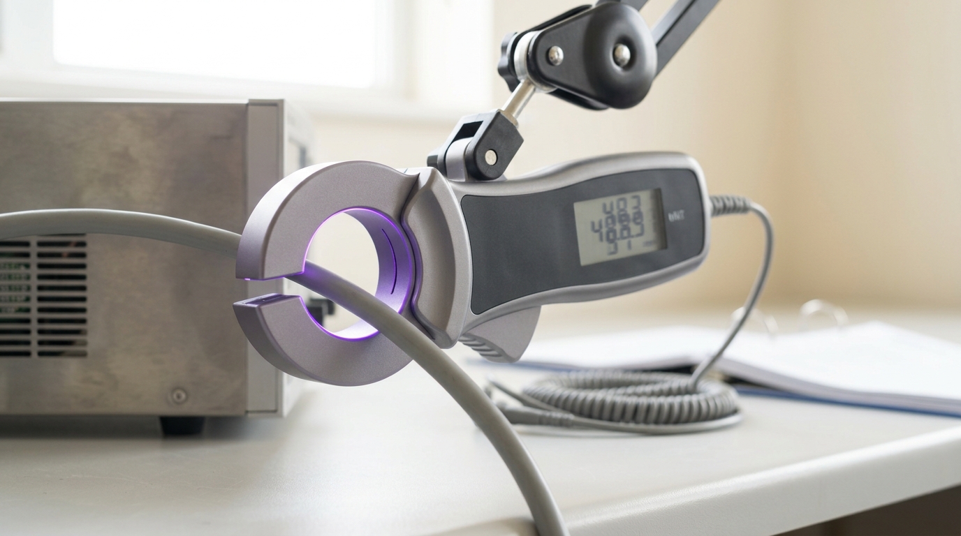 A clamp-on power analyser held in a bench arm with its split jaw caught part-closed around the supply feed of a system under test, a gap still open between the jaw faces and the cumulative energy total on its small screen caught mid-digit