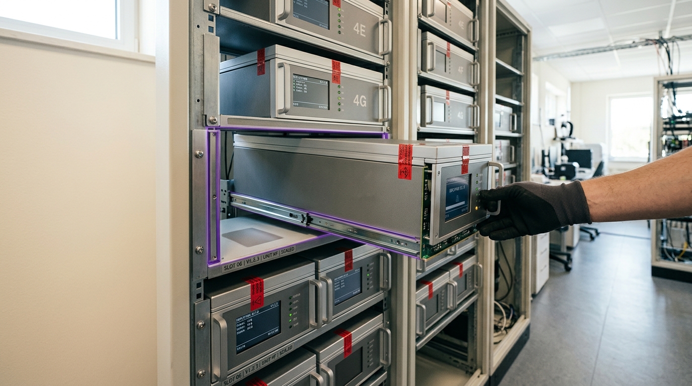 A rack row of sealed version-pinned deployment units with one slot empty but for a clean rectangle on the shelf and its engraved rail plate still in place, and a taller newer build caught half slid into that slot on its rails