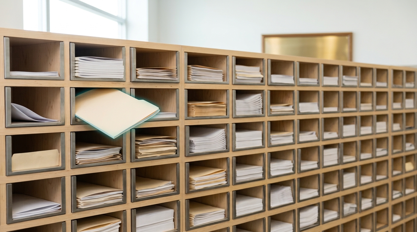 A pale birch pigeonhole wall in a reporting room, one paper report caught mid-slide into its slot with its edge still proud of the frame, while the slots around it hold reports of differing thickness