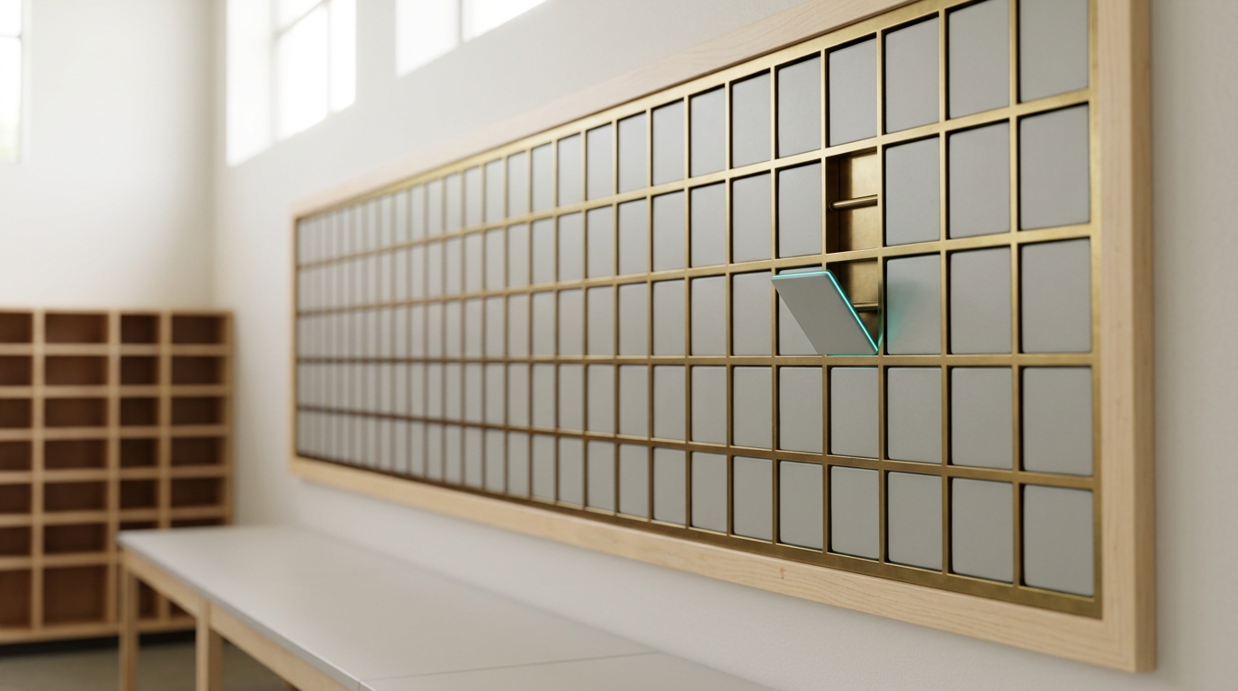 A brass-framed analog slide-tile scoreboard on a reporting-room wall, one tile caught mid-turn between two faces while the tiles around it sit already settled