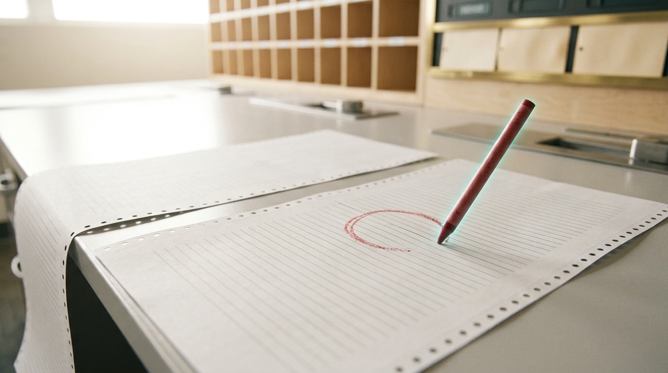 Two paper run-log transcripts laid side by side on a long comparison table, a wax pencil caught mid-stroke circling one mismatched line between them