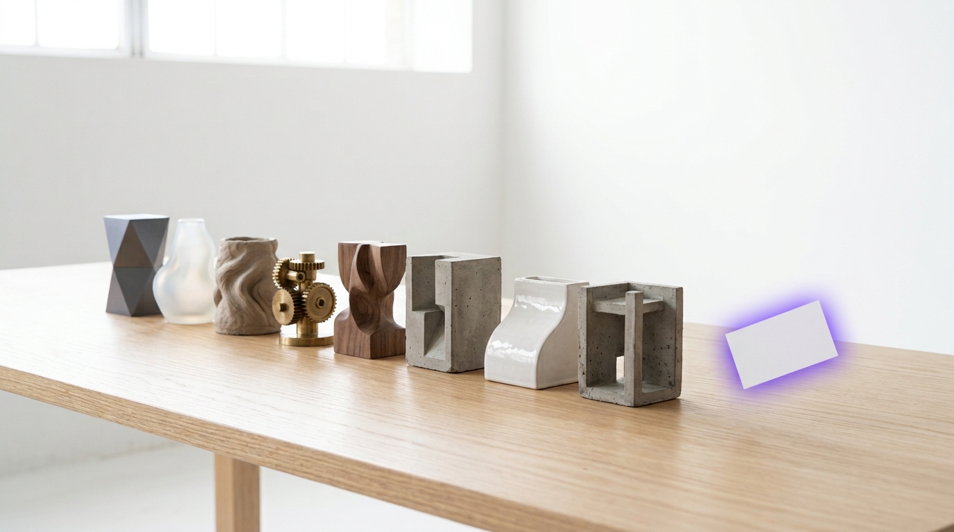Three physical transistor architecture models on a bright table in sequence, a fourth space at the end of the table conspicuously empty, a small honest placeholder card caught being set down in it rather than a finished model