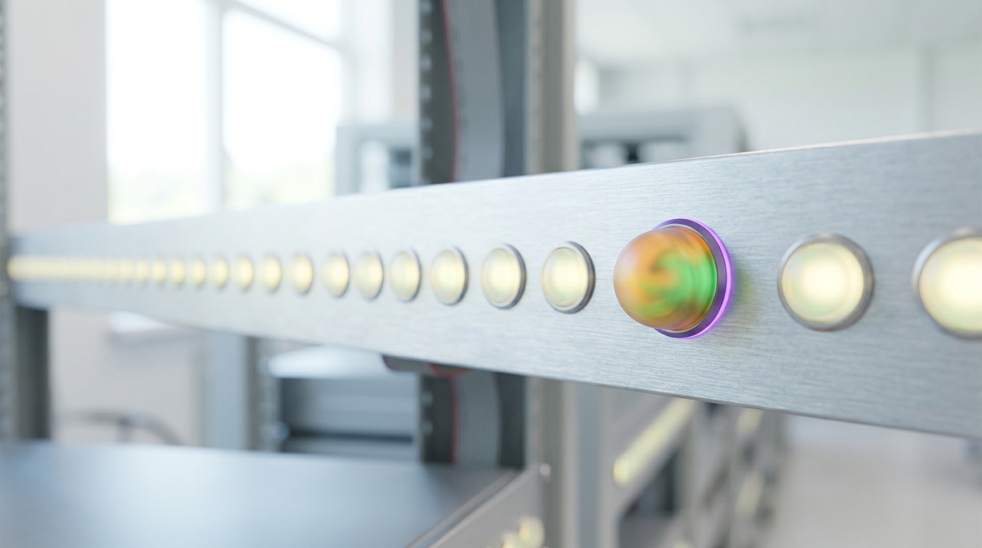 A bank of status lights on a rack of long-context test workstations with one light caught mid-transition from amber to green as a context-length sweep crosses a threshold