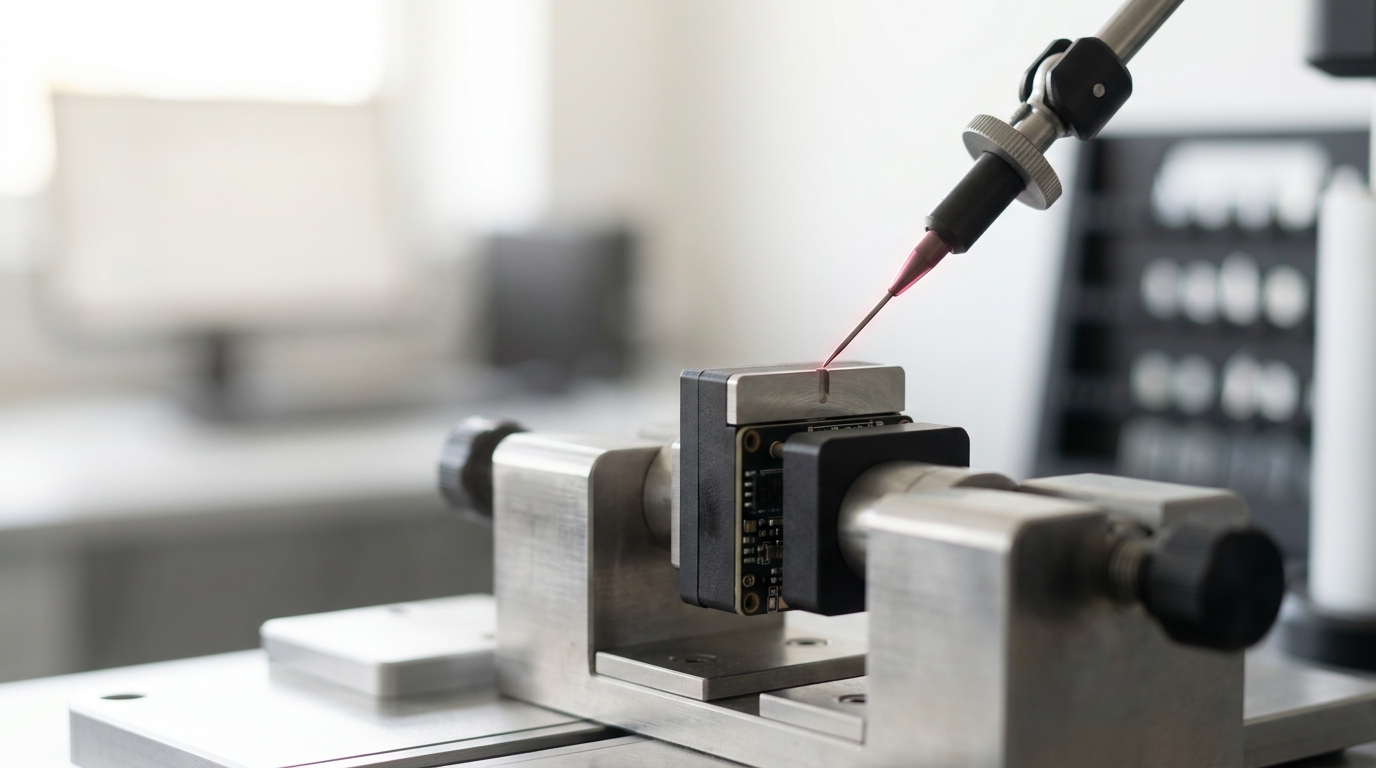 A document-ingestion scanner in a bright test lab with one printed page caught mid-feed through its roller, curling as it is pulled from a tall stack beside it