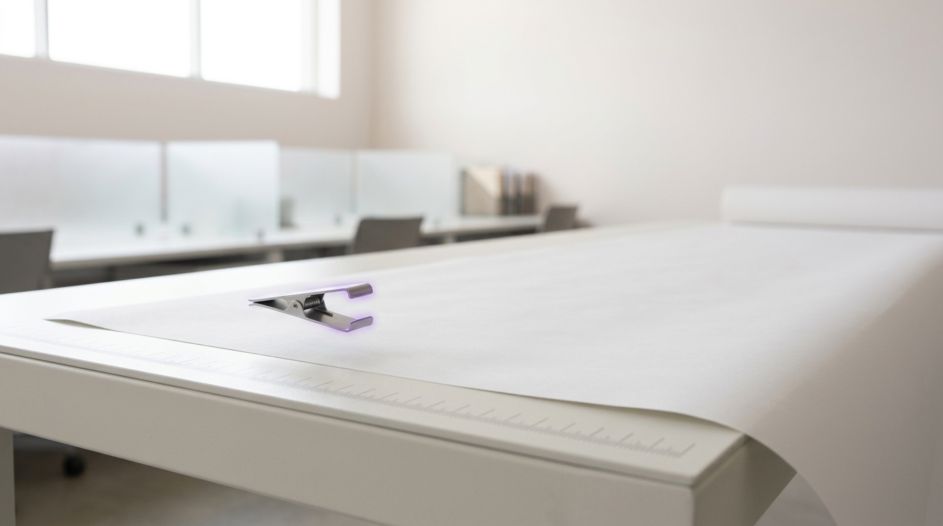 A blank index flag being clipped onto an unrolled transcript on a long light table at a measured depth, the clip still open and not yet fully seated