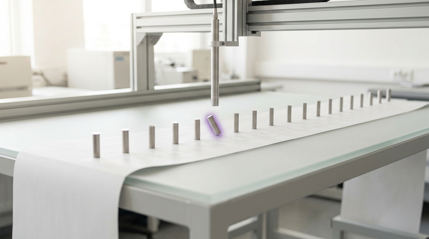 A row of small upright markers along an unrolled transcript on a light table, the markers standing firm at both ends but one in the middle caught tipping as a mounted probe passes over it