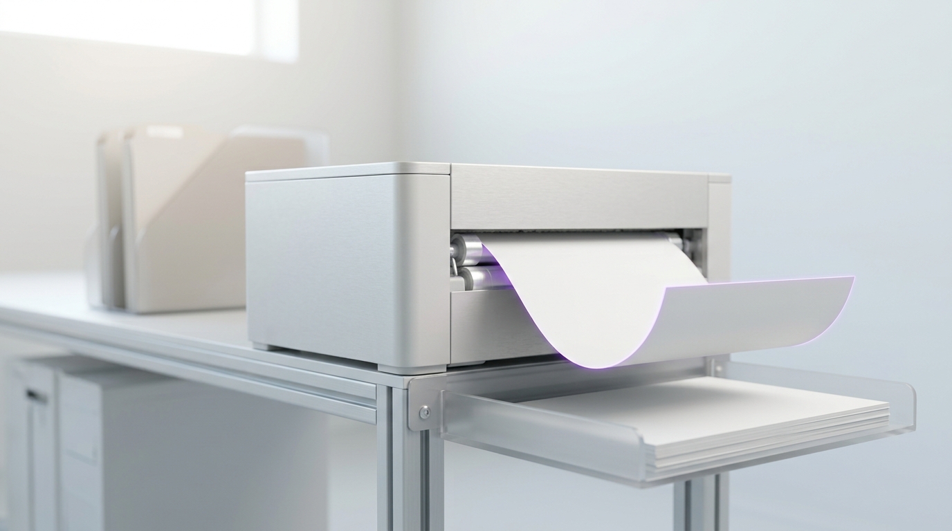 A printer at the end of the test bench with one blank report page still curling out of the feed, its leading edge not yet flat on the output tray