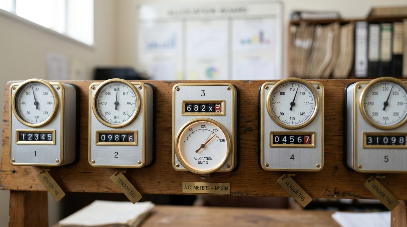A bank of brass-trimmed throughput-metering units on a bench, each with a small mechanical tally counter and a dial, one dial's needle caught mid-swing as its counter rolls over to a new digit