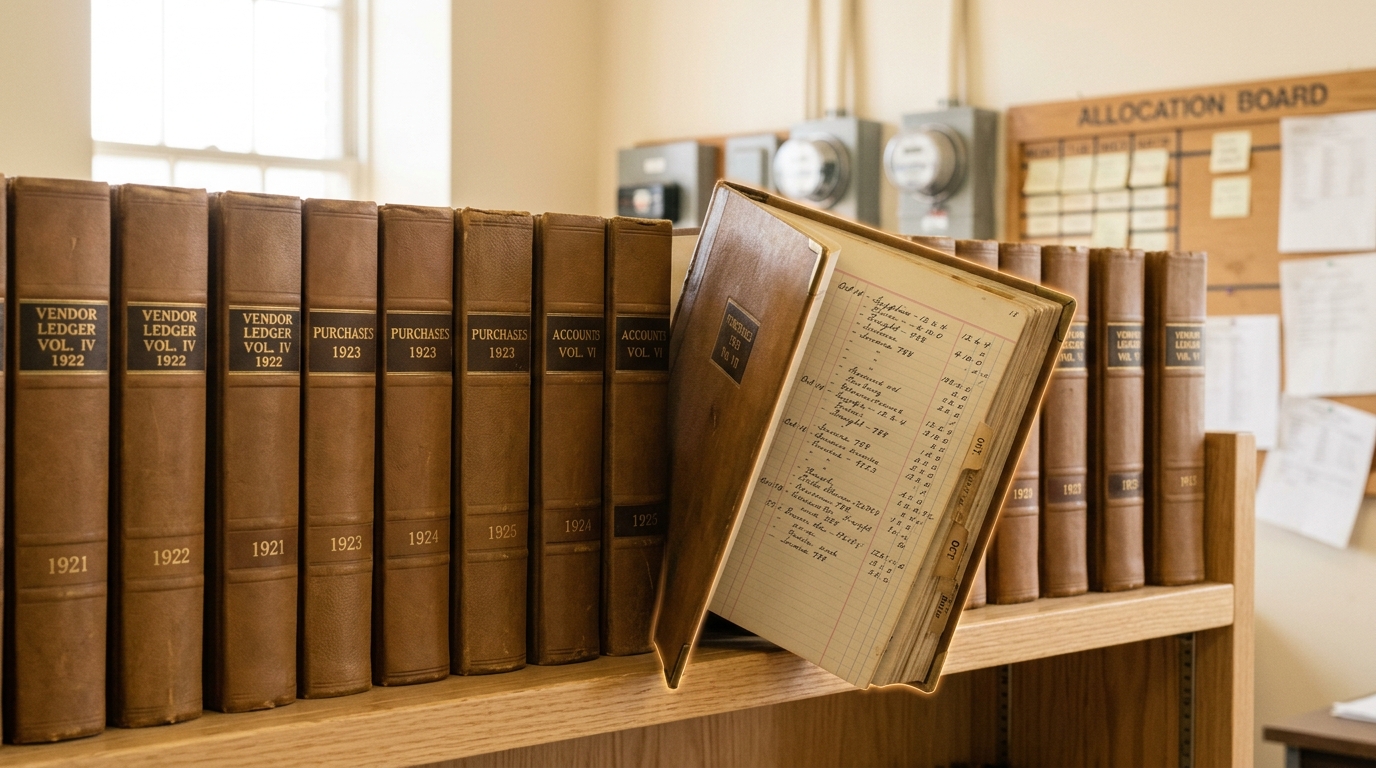 A rack of bound vendor ledgers on a shelf, one ledger pulled half clear of its slot with its cover tilted open on a page of ruled cost entries, the neighbouring ledgers still seated flush