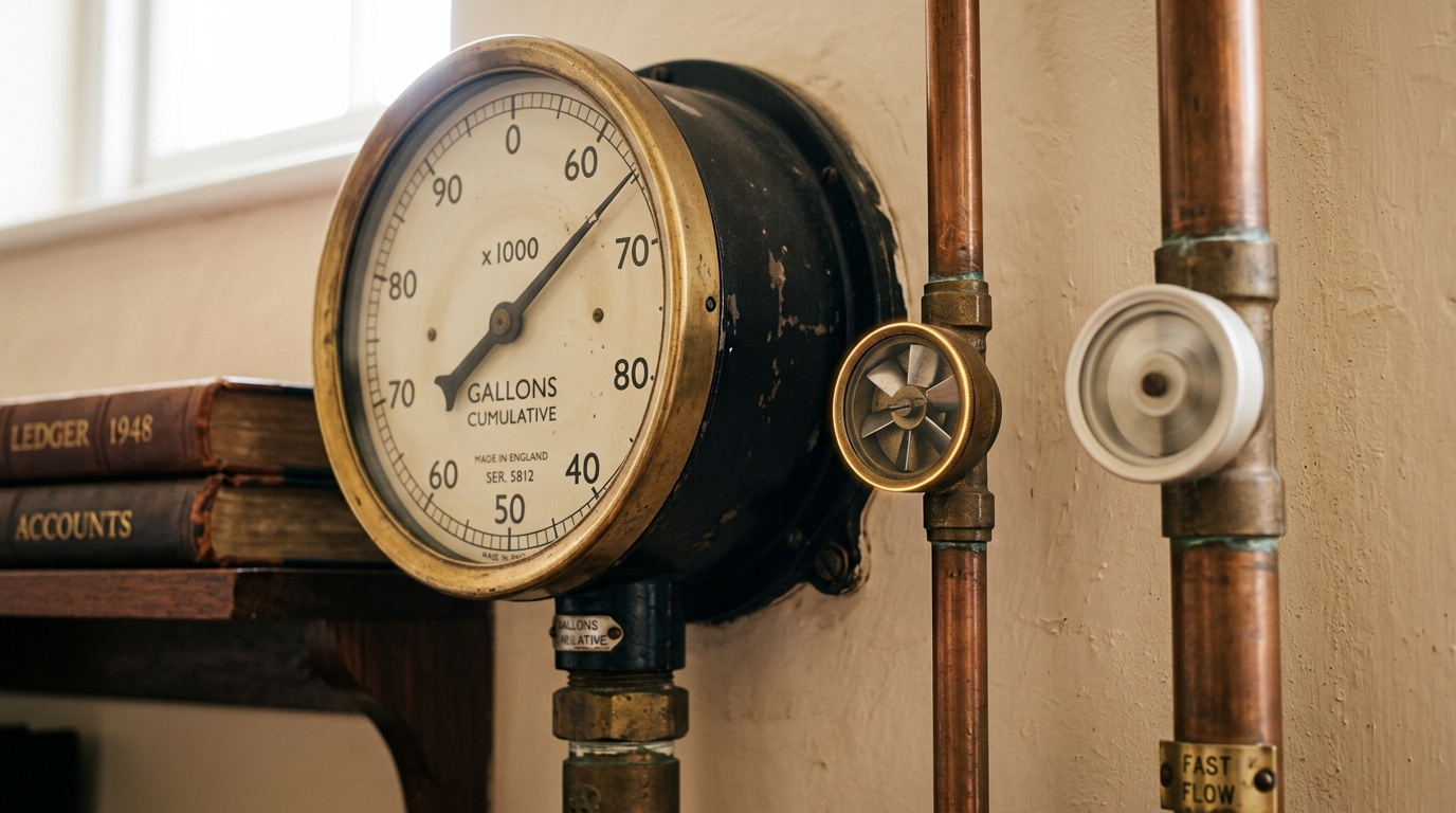 A wall-mounted cumulative compute-hour utility meter with two labelled supply lines feeding into it, the smaller line's flow-indicator disc caught mid-spin while the larger line's disc turns almost too fast to see