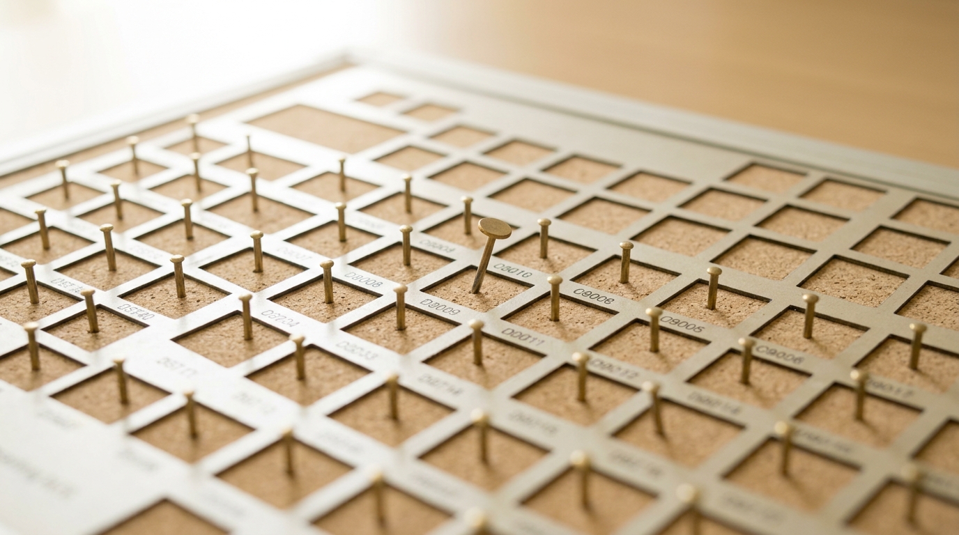 A pinned domain-coverage tracking board with a grid of small labelled cells, most holding a seated marker pin, one pin caught mid-push into a cell that is still otherwise empty across most of a distant row